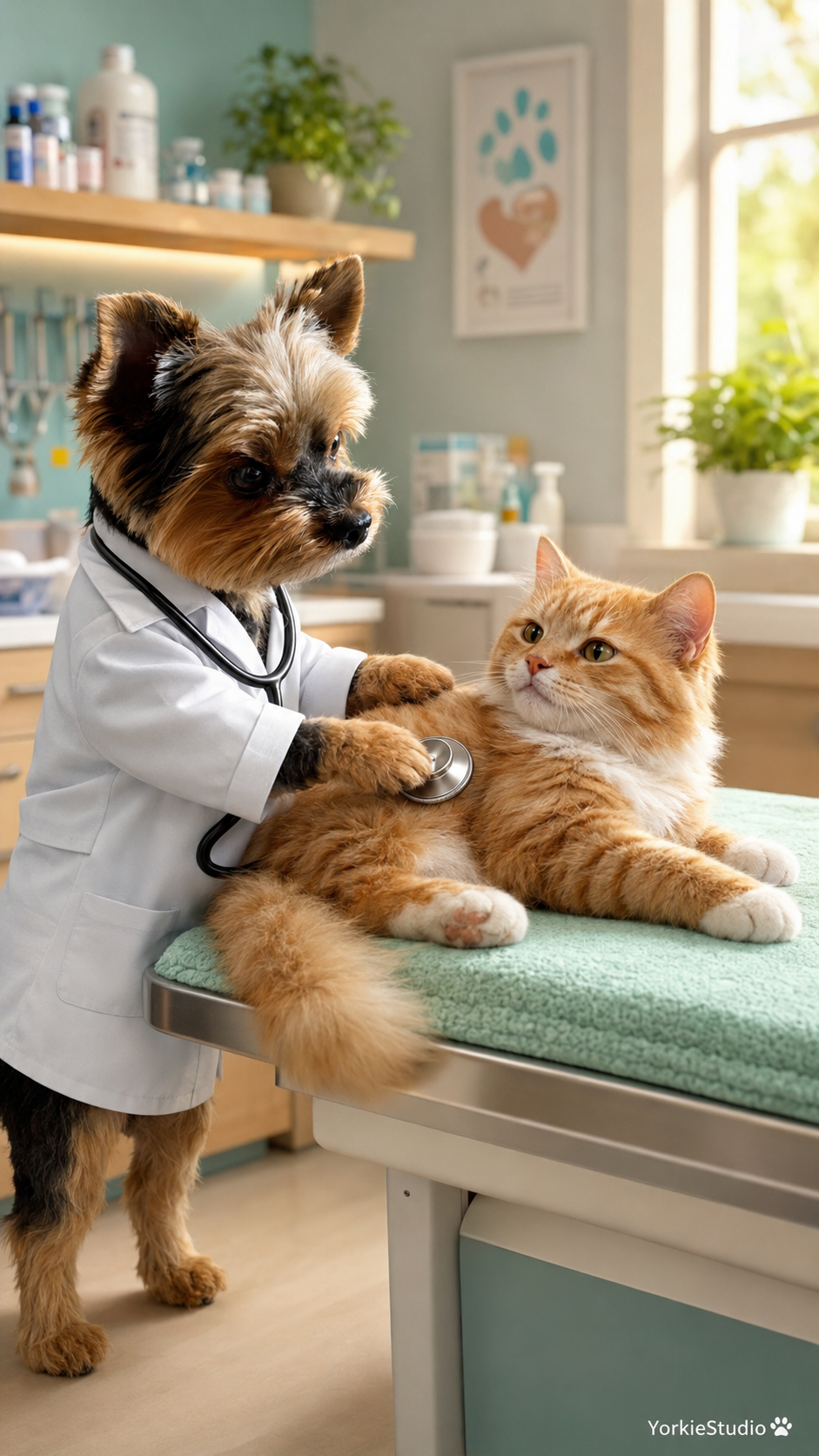Mano dressed as a veterinarian listens to a cat’s heartbeat with a stethoscope.