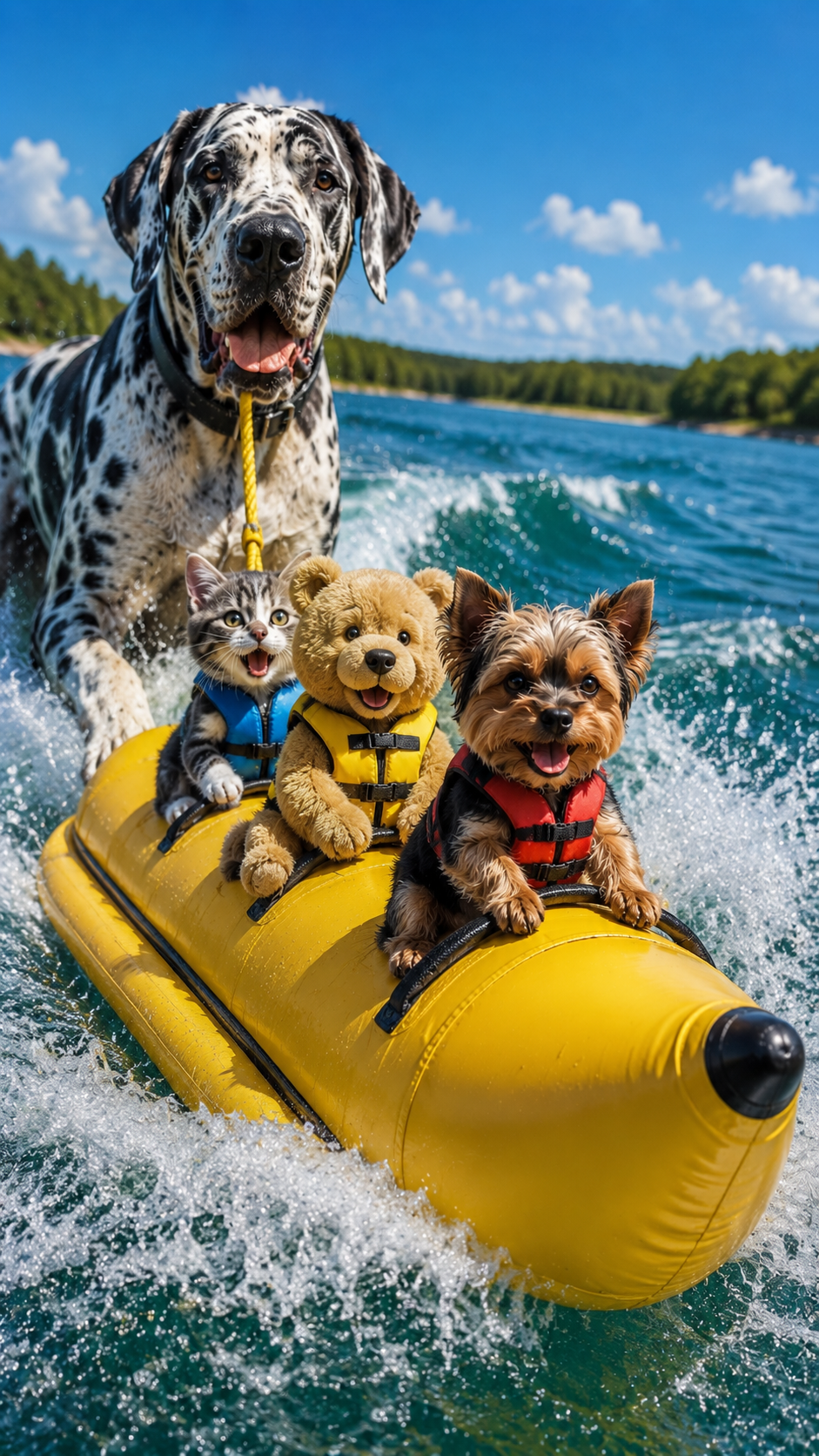 Mano enjoys a playful banana-boat ride across bright blue water.