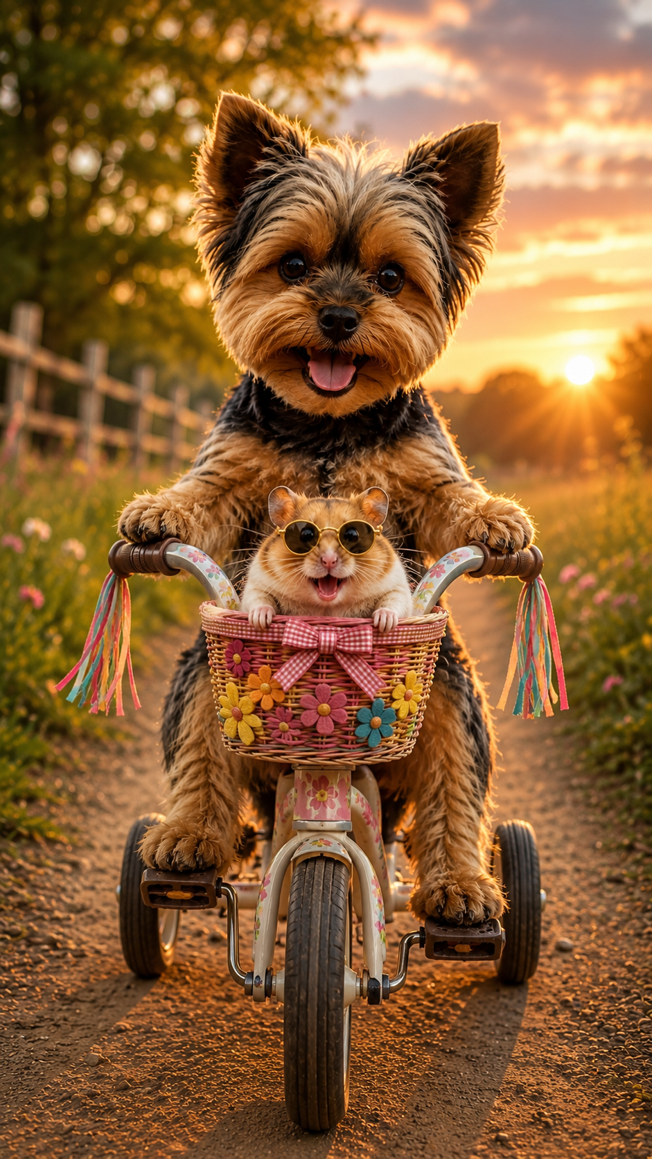 Mano rides a bicycle along a colorful summer path.