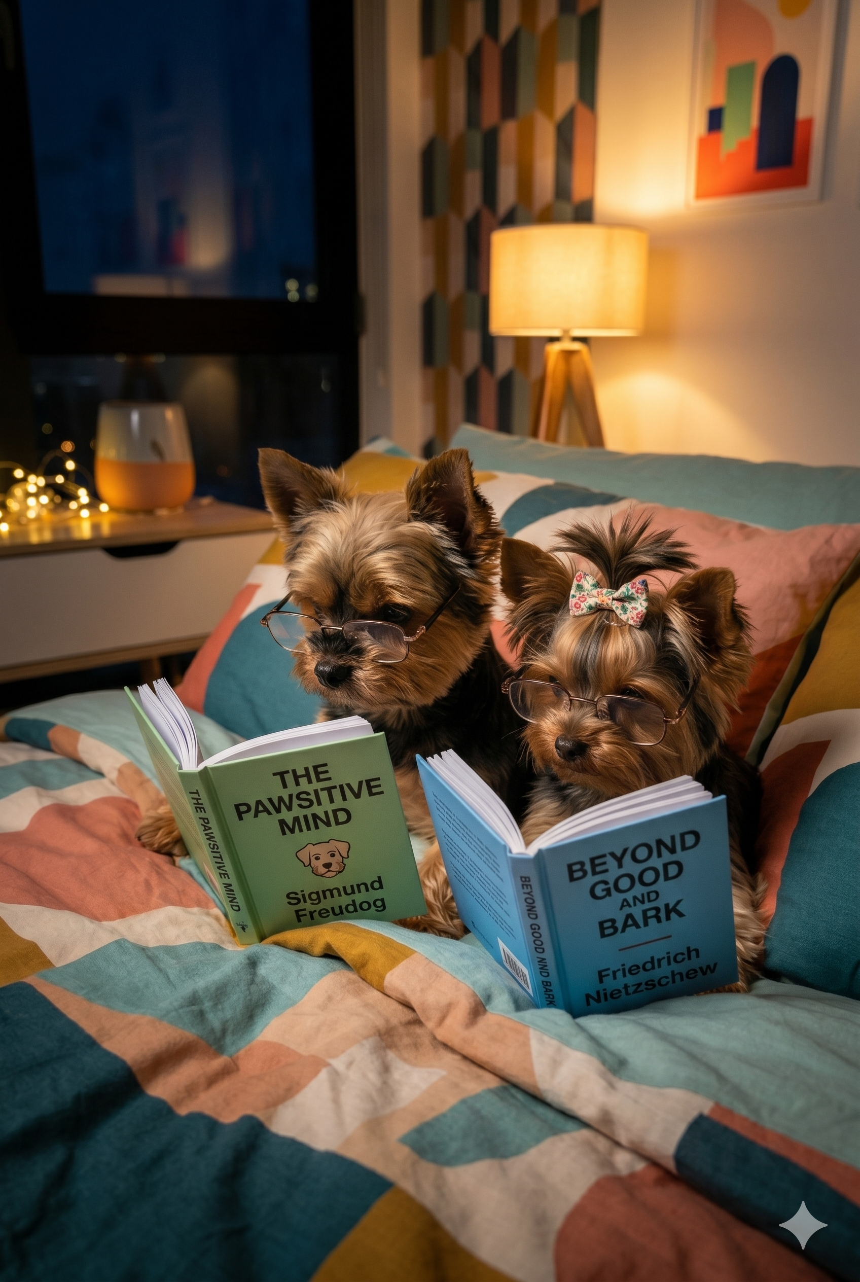 Mano reads a book in a cozy room at night.