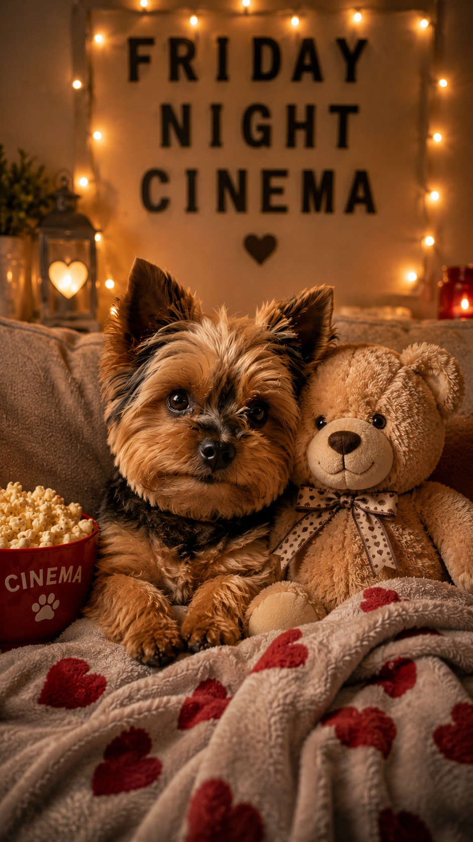 Mano sits at a movie theater with popcorn for a Friday cinema night.