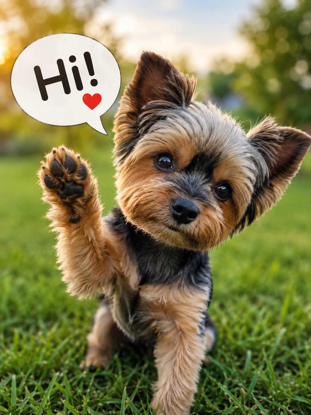Mano the Yorkshire Terrier waves hello beside a cheerful Hi sign.