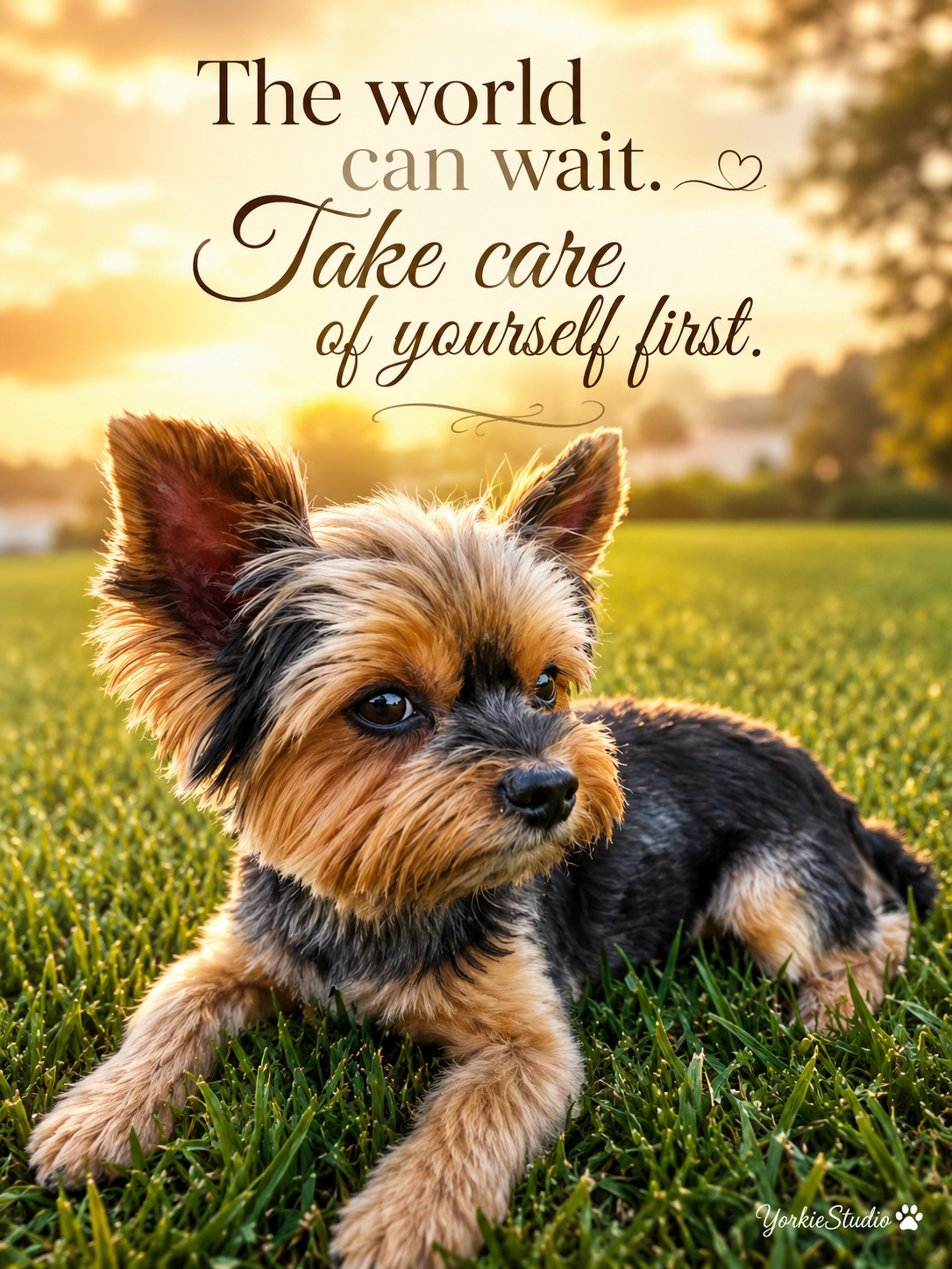 Mano rests peacefully beneath the quote The world can wait. Take care of yourself first.