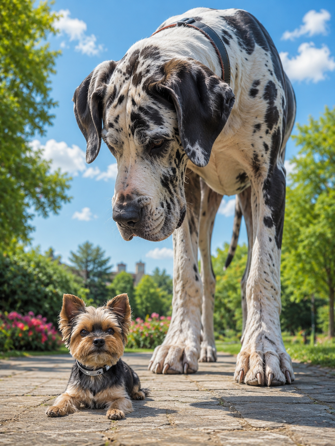 Tiny Mano stands beside a gentle giant dog in a whimsical outdoor scene.