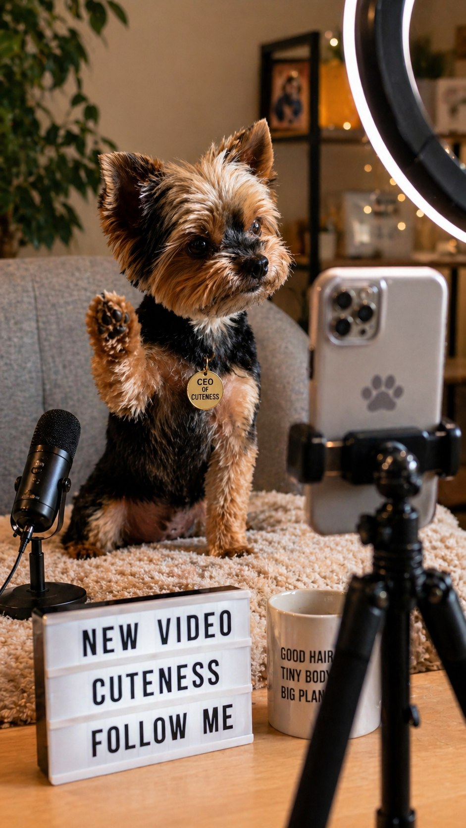 Mano poses like a tiny social media influencer with a phone and studio accessories.