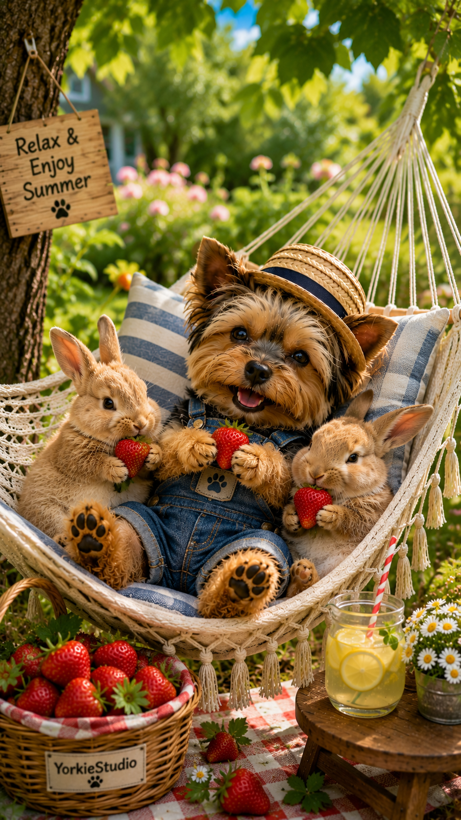 Mano sits beside a little bunny and a basket of strawberries.