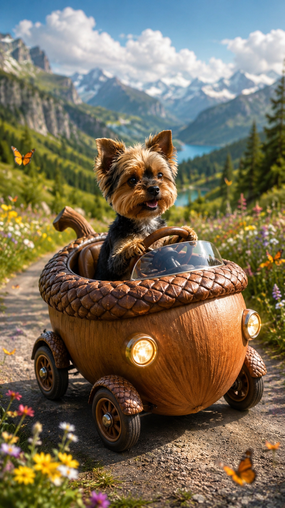 Mano drives a whimsical tiny car shaped like a hazelnut.