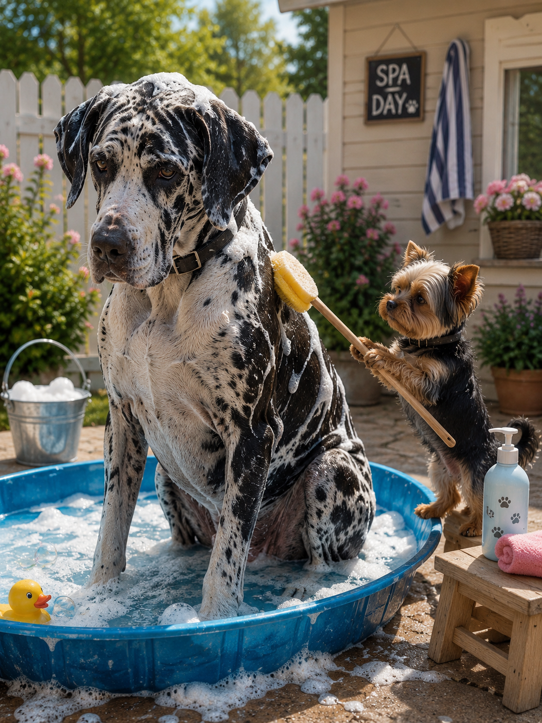 Mano washes the back of a much larger dog beside a swimming pool.