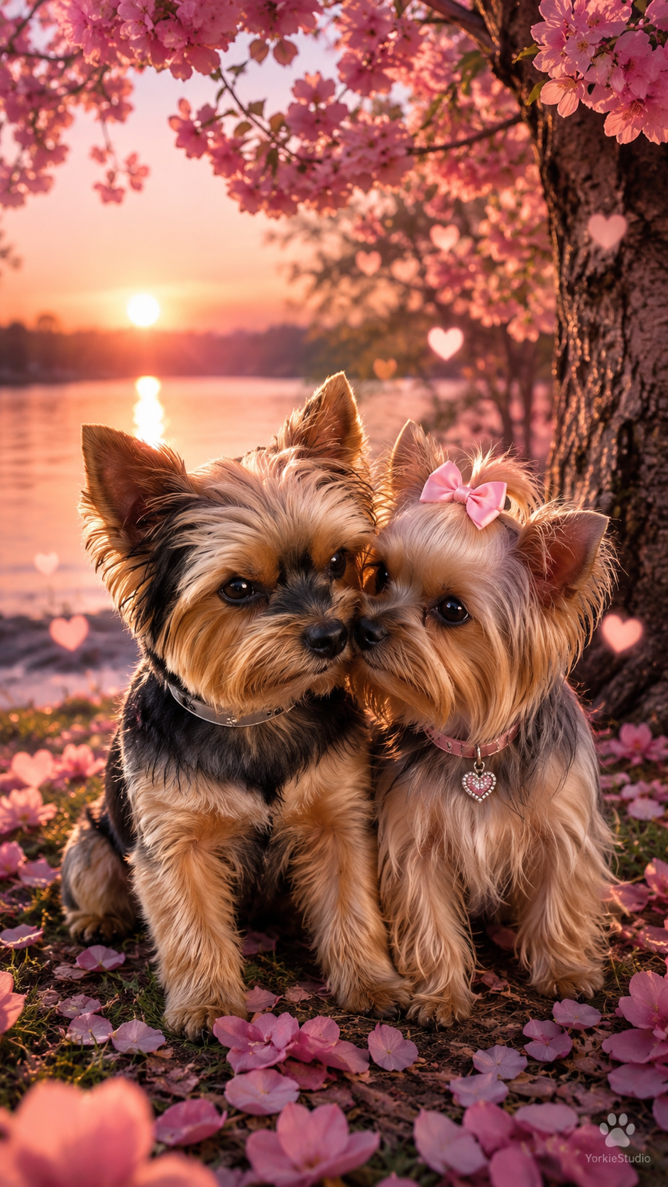Mano cuddles with a female Yorkshire Terrier in a romantic outdoor setting.