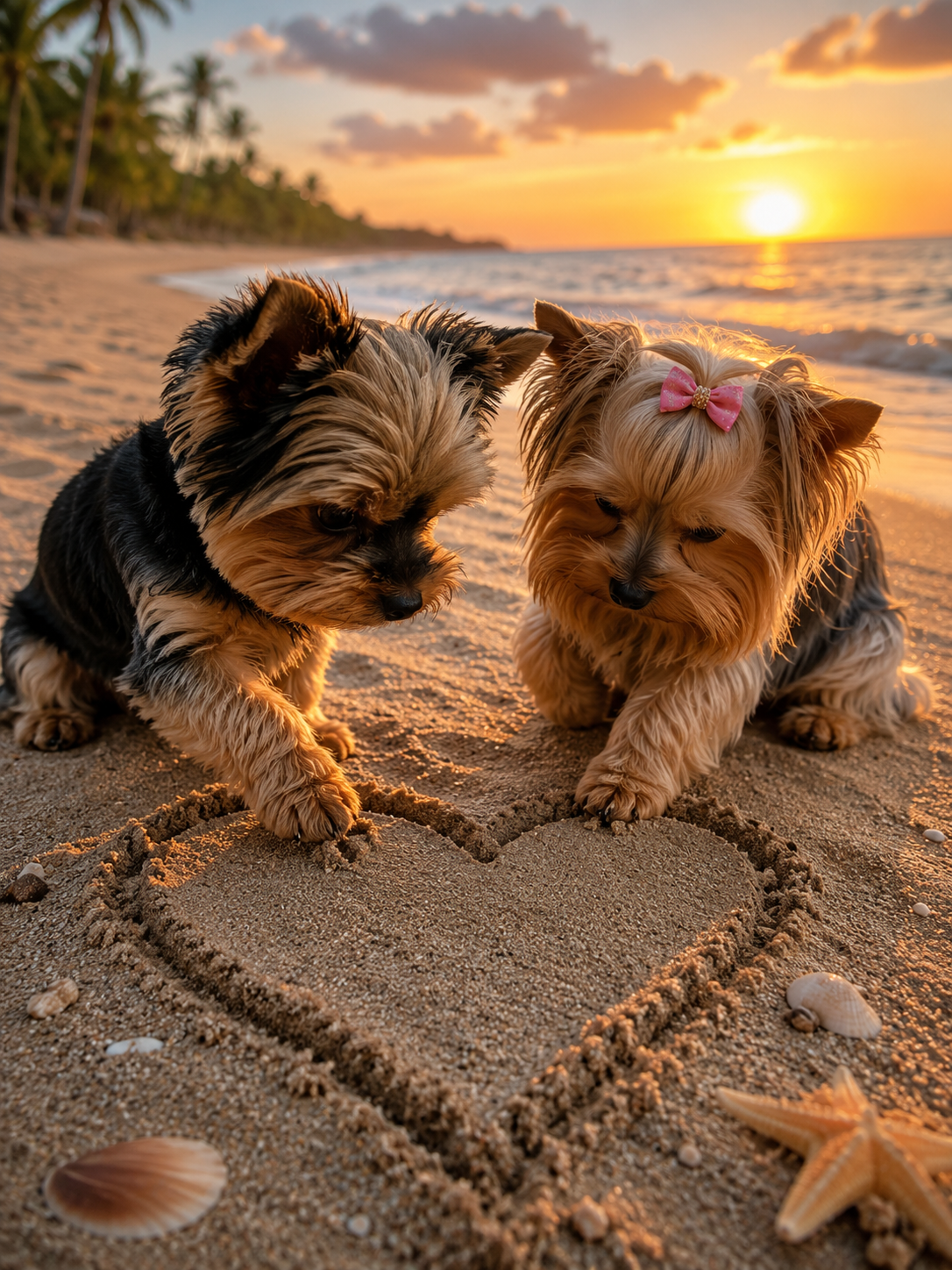 Mano and a female Yorkshire Terrier draw a large heart together in beach sand.