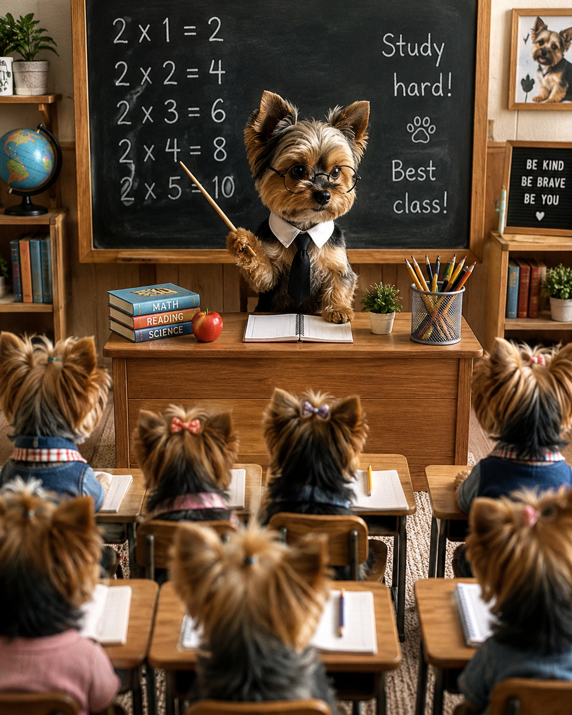 Mano dressed as a teacher stands beside a classroom board.