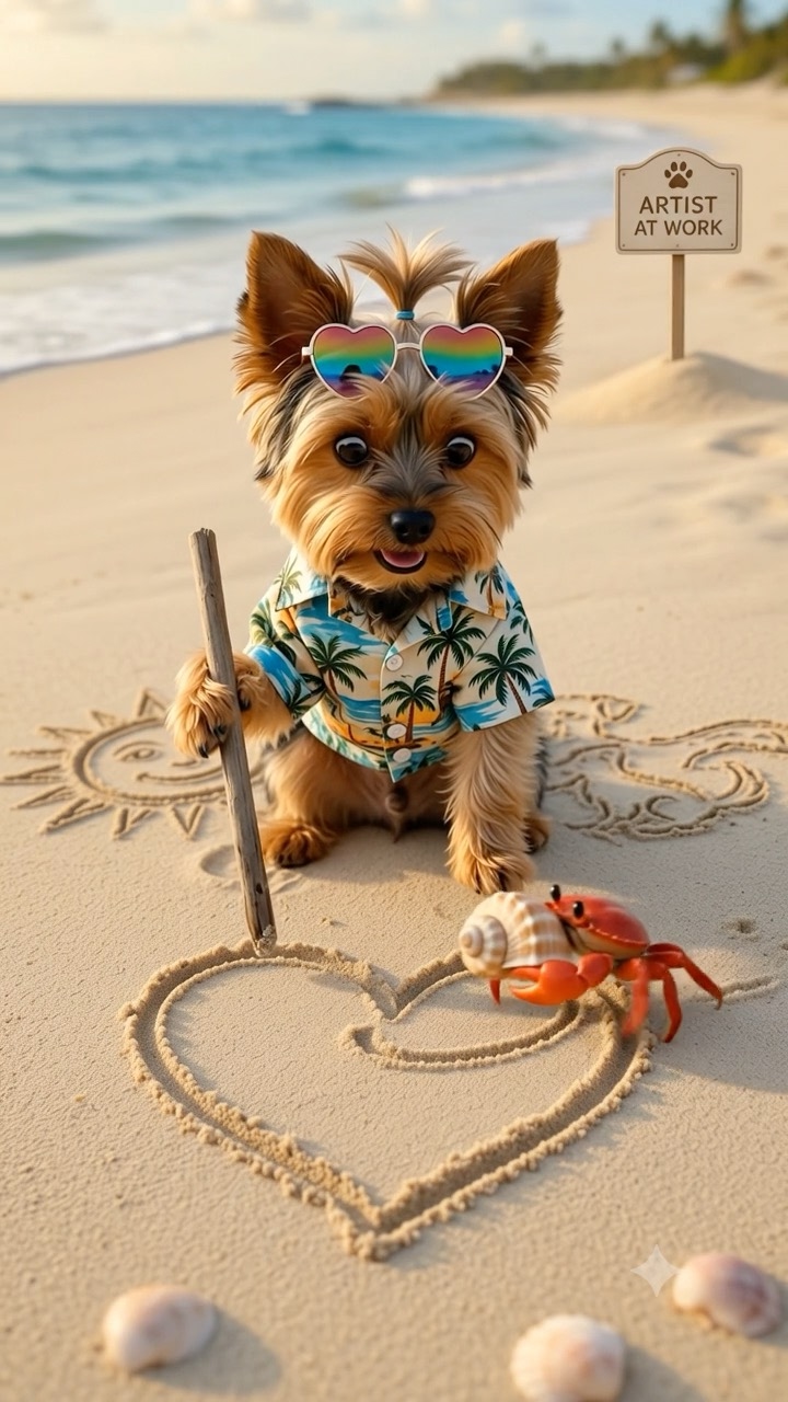 Mano and a female Yorkshire Terrier sit beside a heart drawn on the beach.