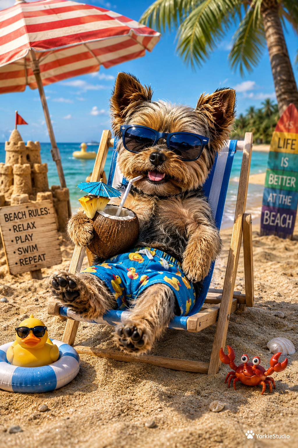 Mano relaxes on a sunny beach beside the sea.