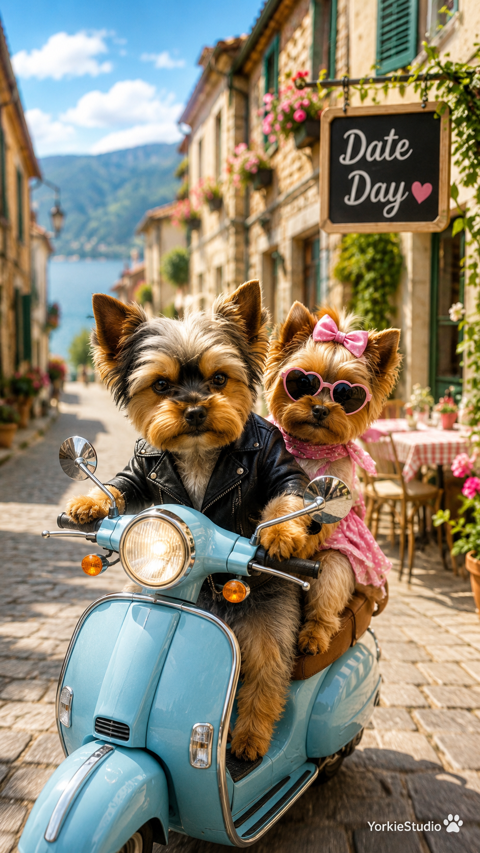 Mano rides a colorful retro scooter through a sunny summer landscape.