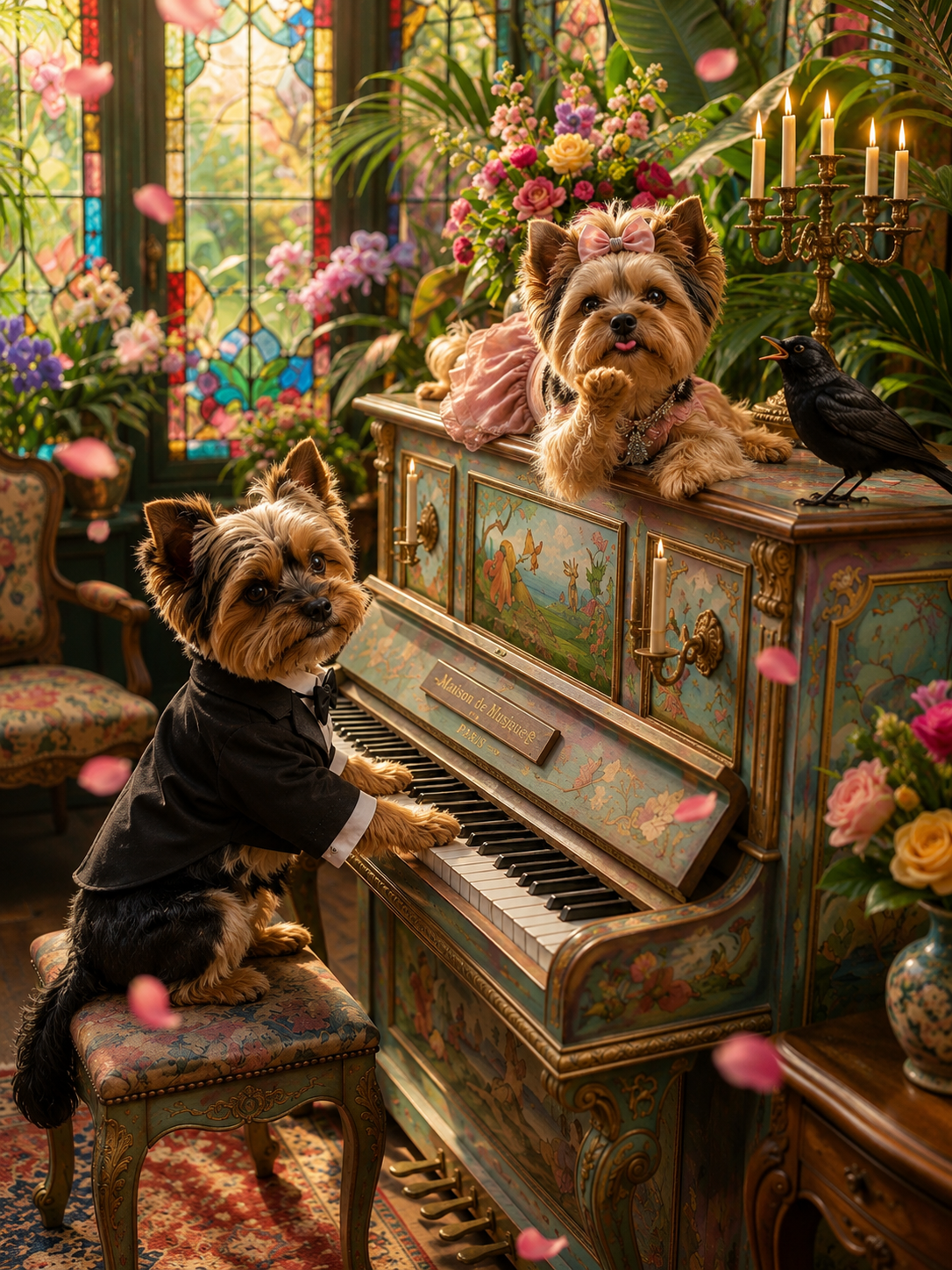 Mano sits at a grand piano in an elegant room.